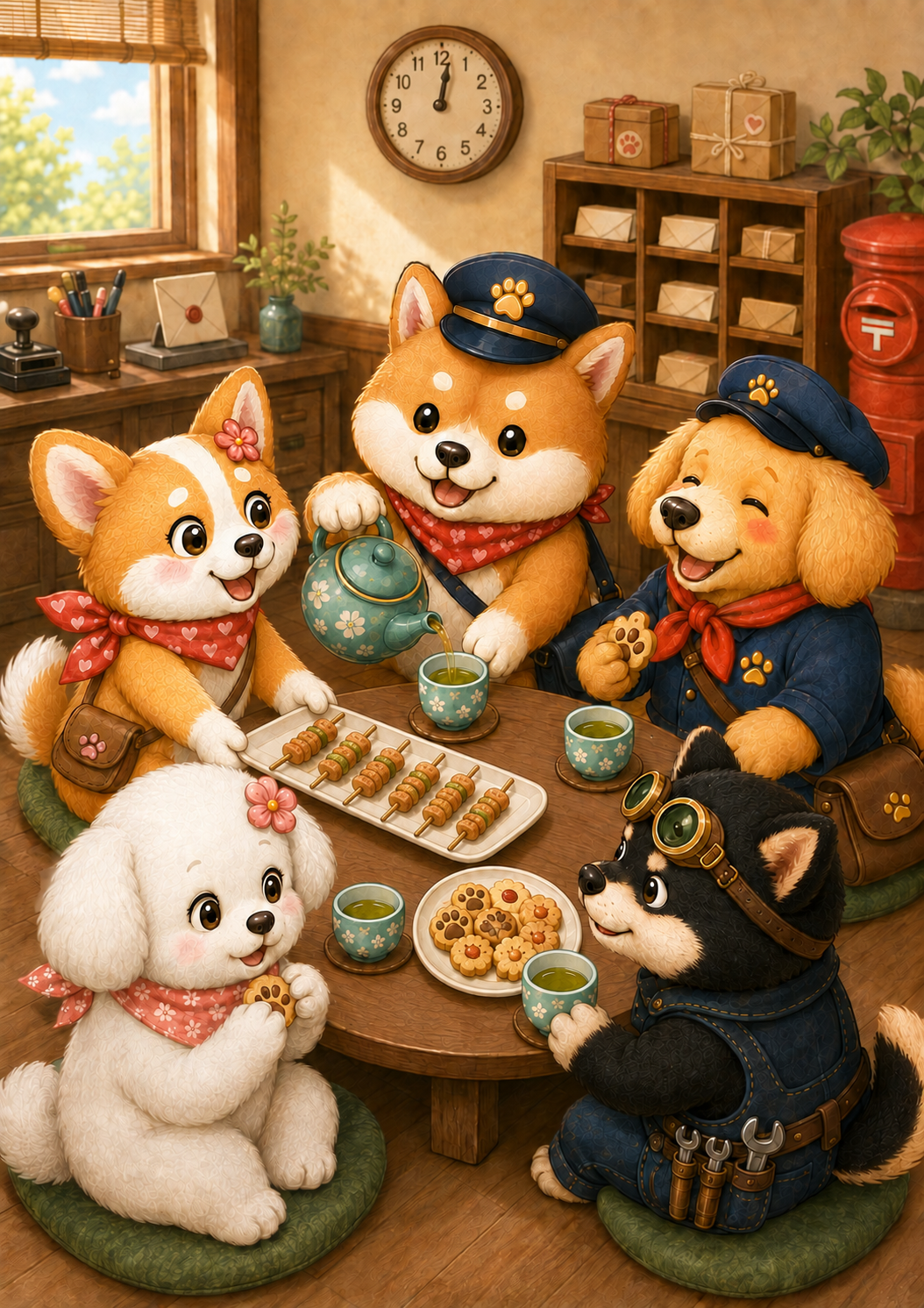 Five dog companions enjoying tea together in their illustrated post office